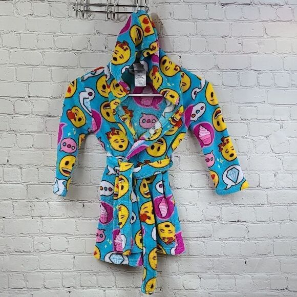 Emoji Plush Furry Fleece Blue Hooded Bathrobe Girls XS 4 Tie Robe Colorful Cute - Picture 2 of 10